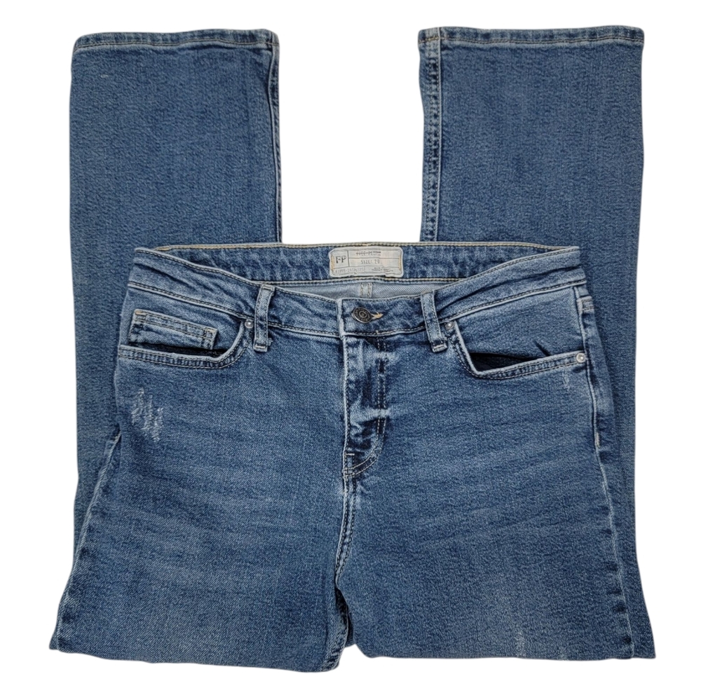 Free People Cropped Flare Leg Jeans w/ Colorblock Cut Out Distressed Wom… - Picture 6 of 17